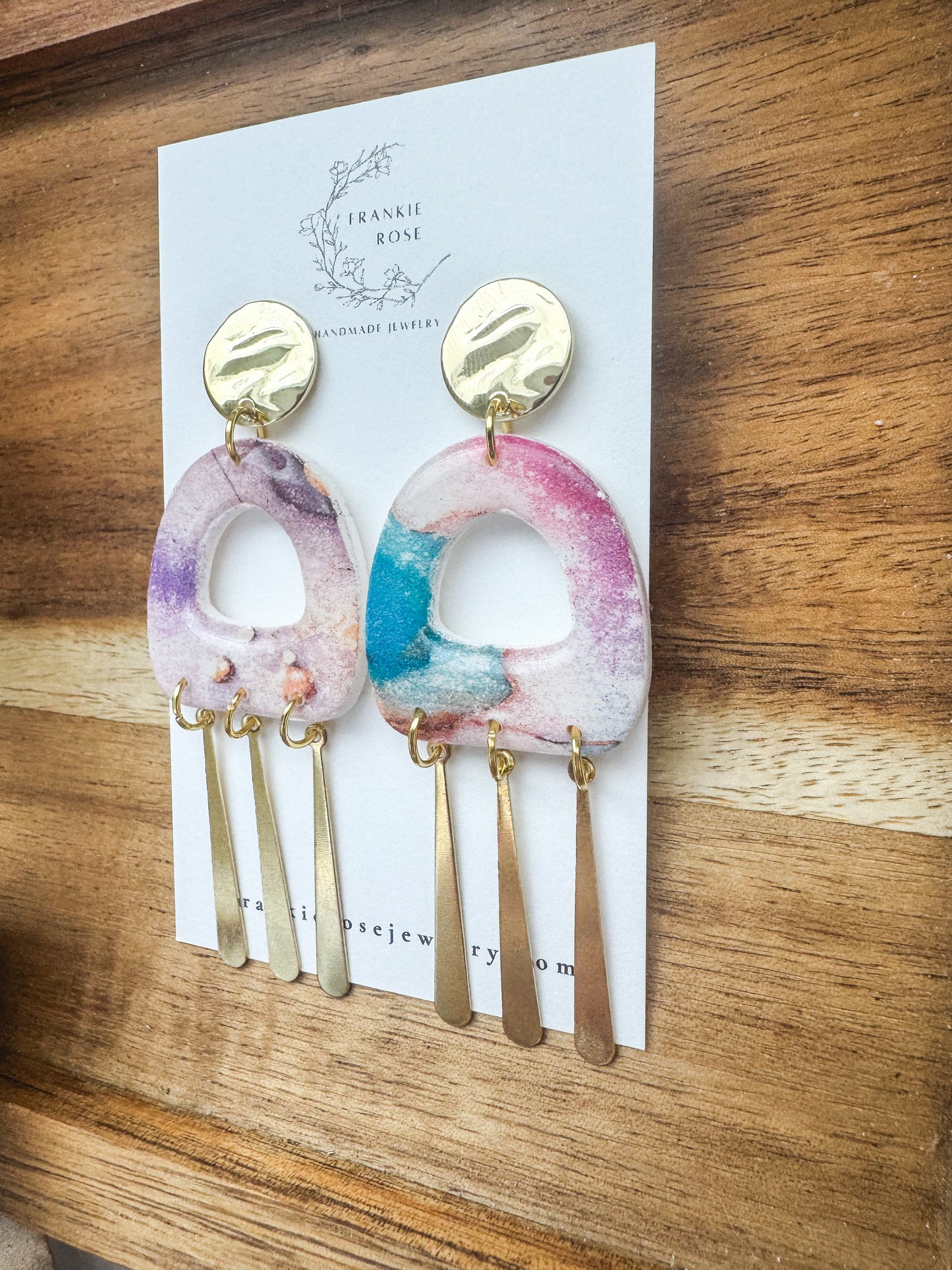 watercolor with brass dangles | clay earrings