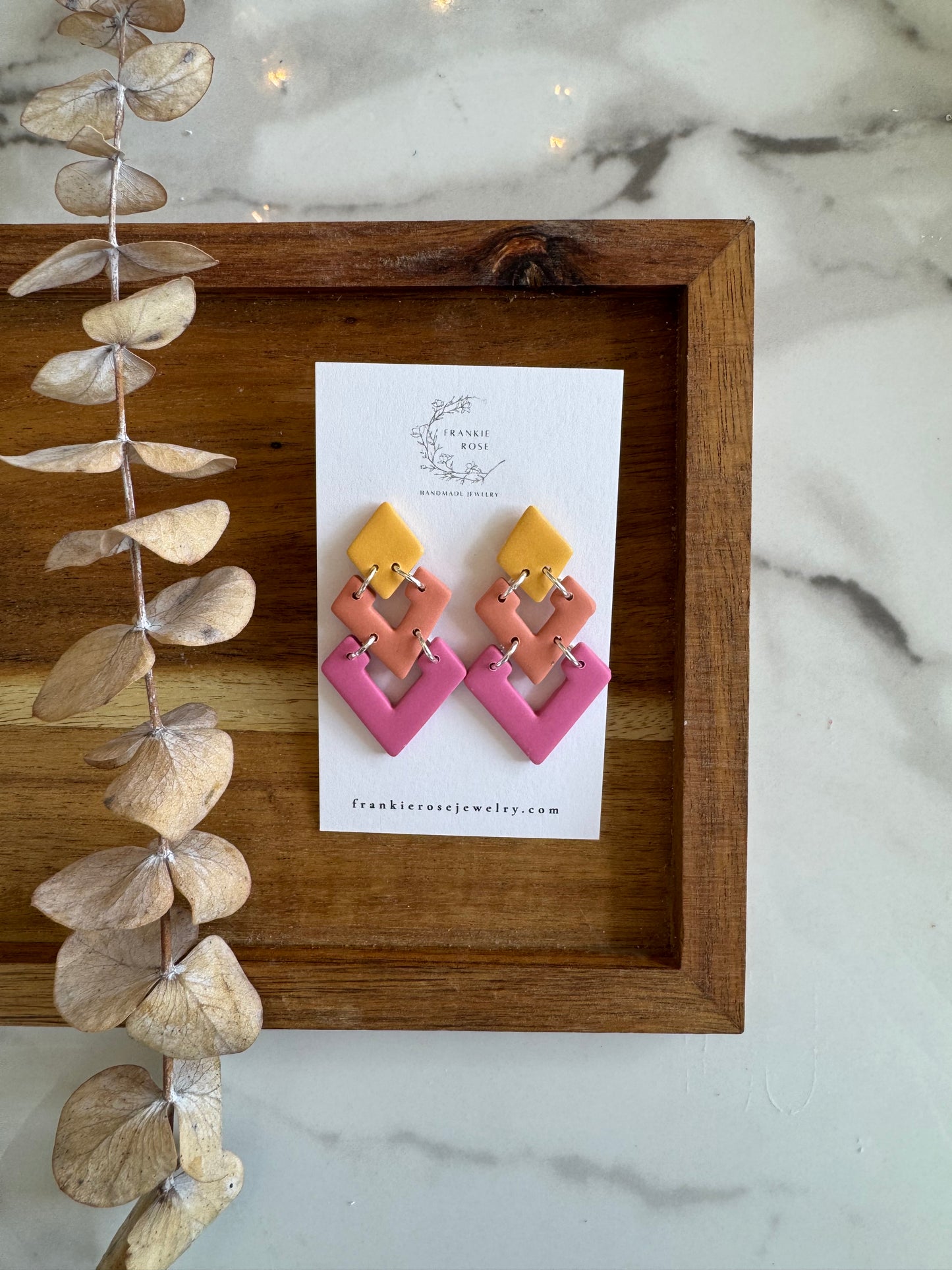 blue and pink tiered triangle dangles