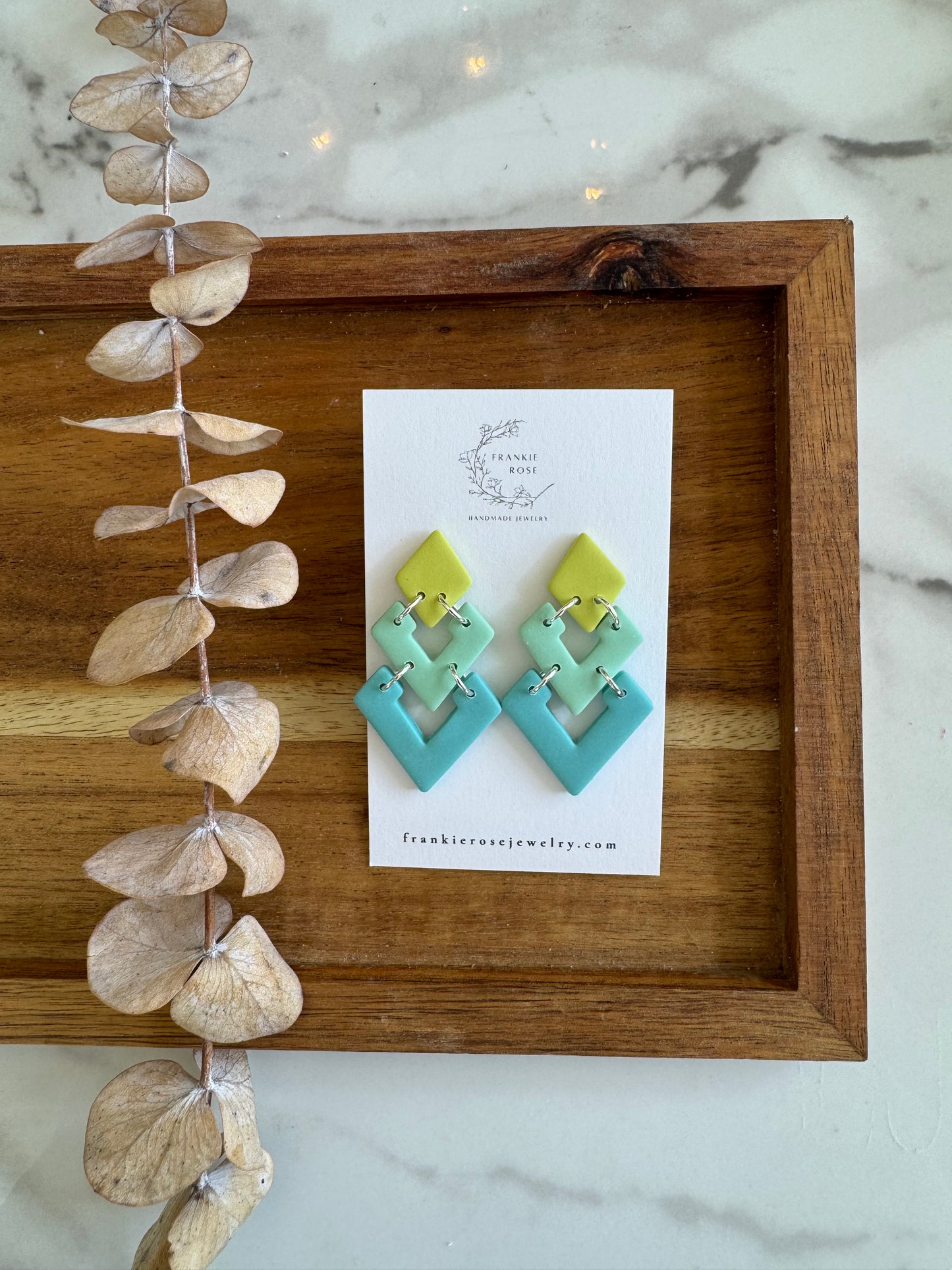 blue and pink tiered triangle dangles