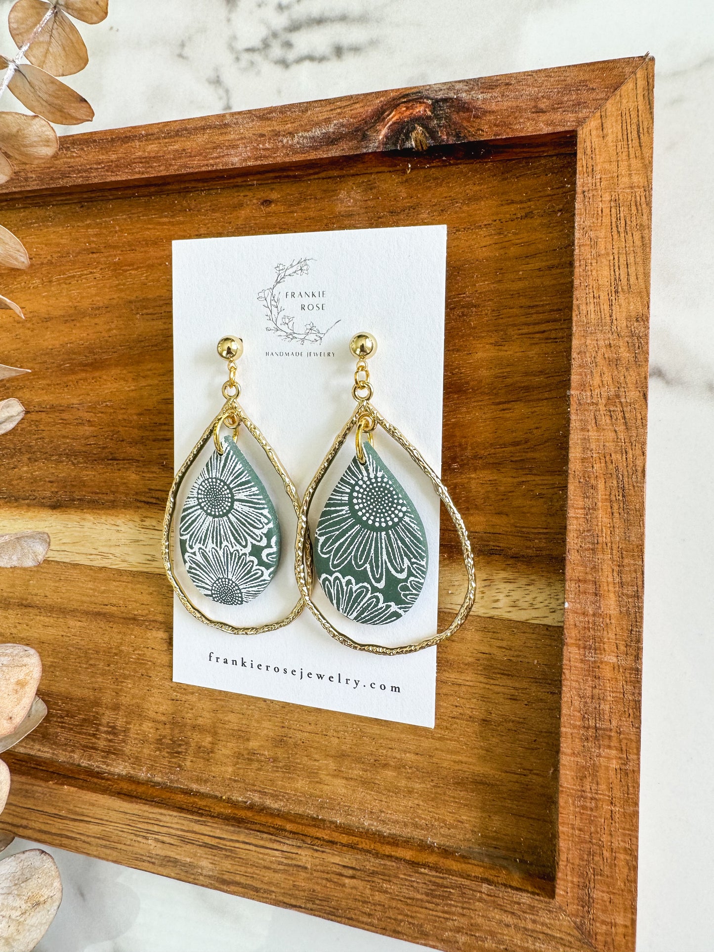 Green and white sunflower dangles | Golden Harvest Collection | clay earrings