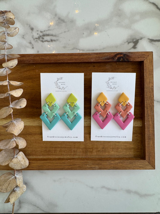 blue and pink tiered triangle dangles