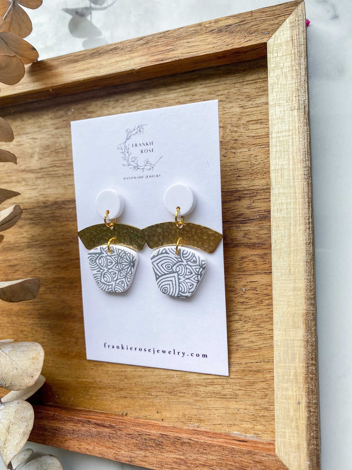 White and grey pattern with brass arch | Earthy Goodness Collection | Clay Earrings