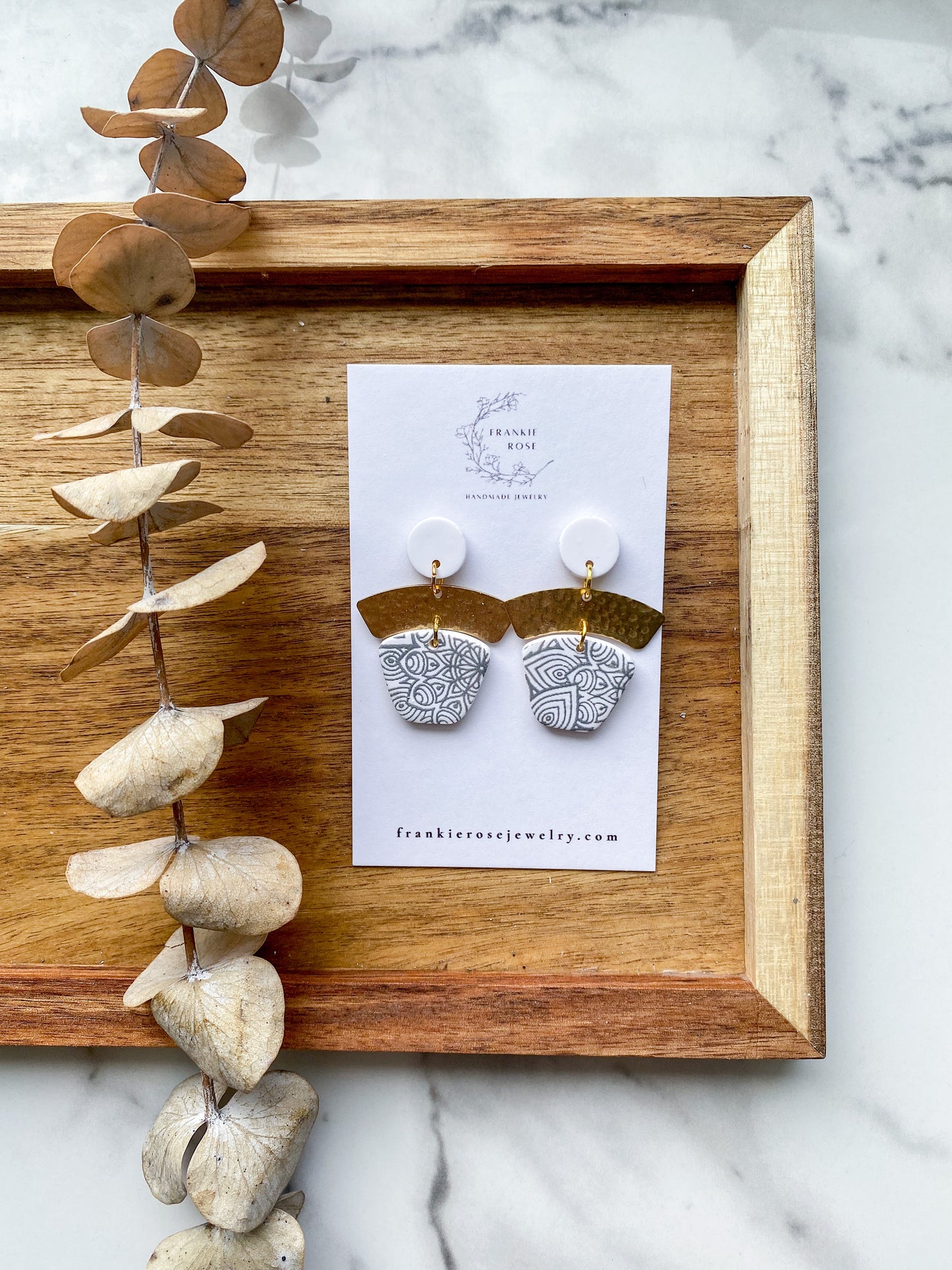 White and grey pattern with brass arch | Earthy Goodness Collection | Clay Earrings