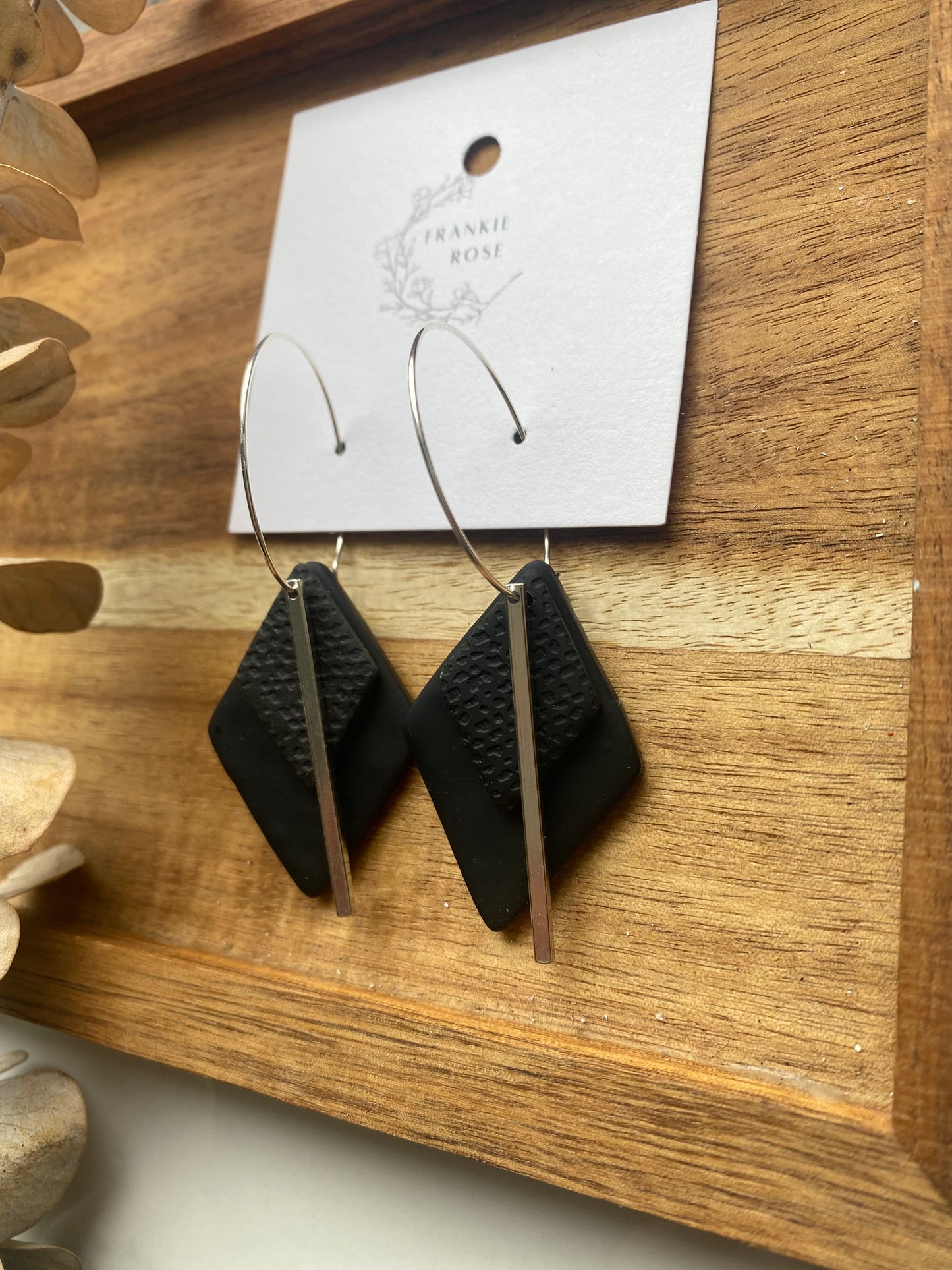 black diamond shape hoops | clay earrings