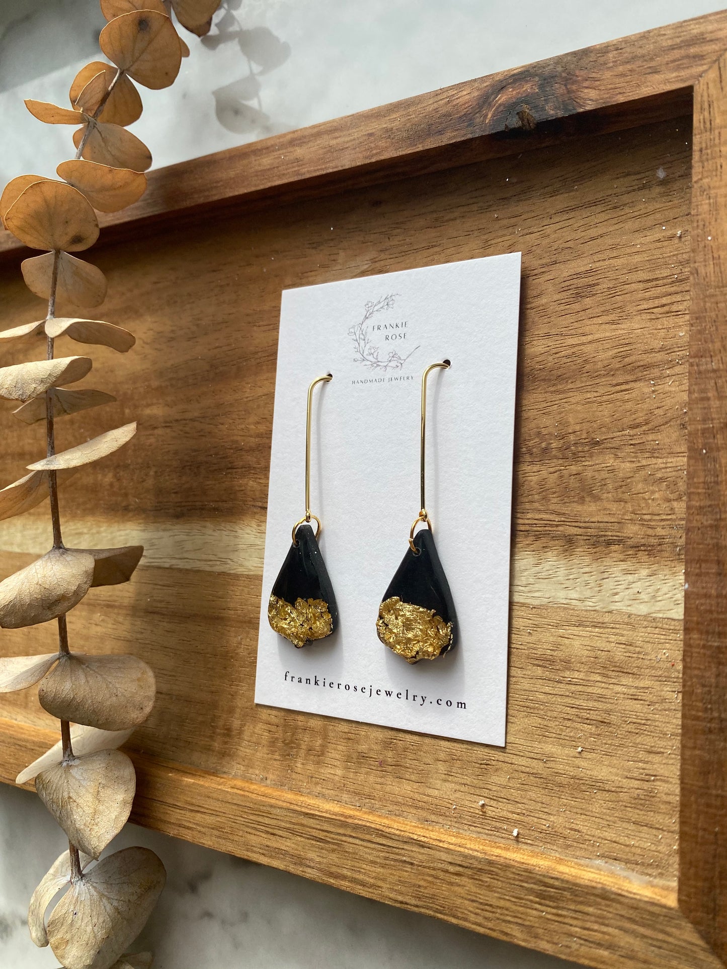 Black and gold flake dangles | Clay earrings