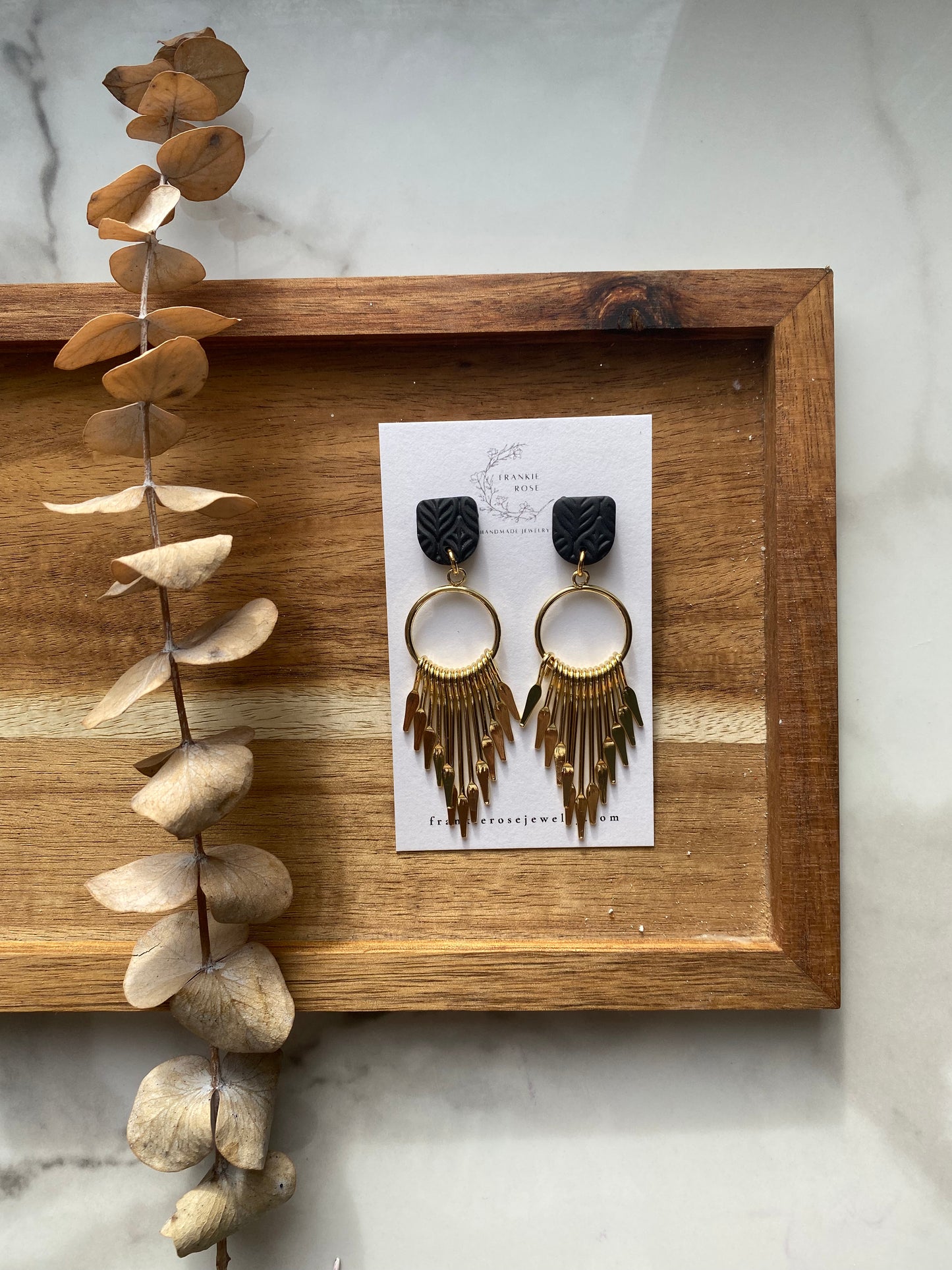 black and gold tassels | clay earrings