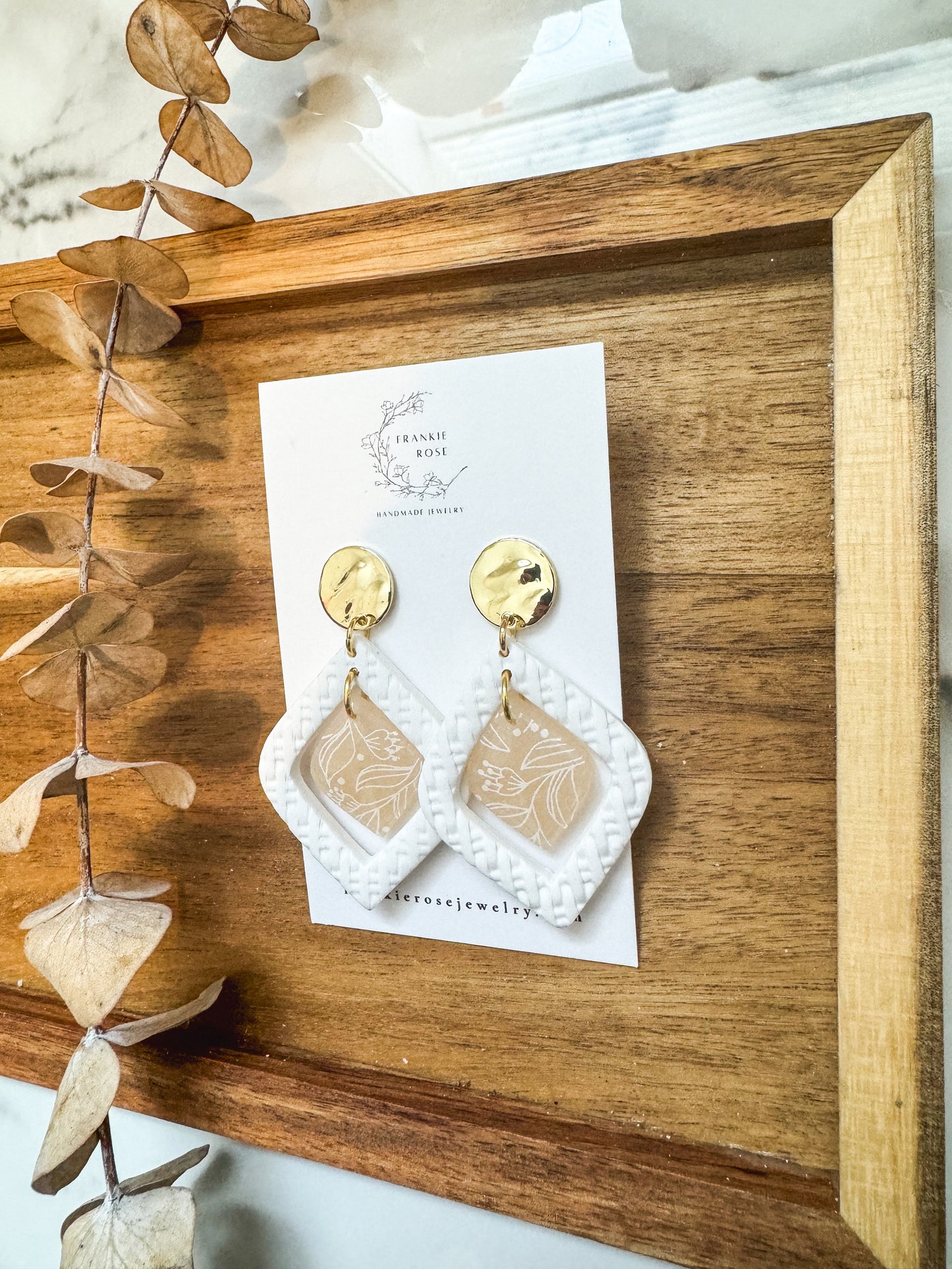 white and translucent diamond dangle | clay earrings | Spring Floral Collection