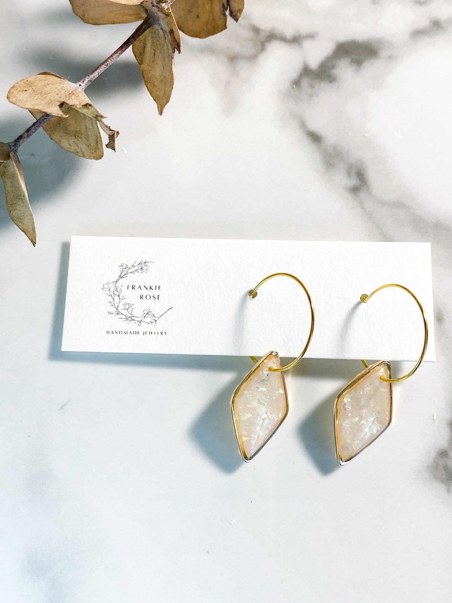 Opal diamond shape hoops | clay earrings