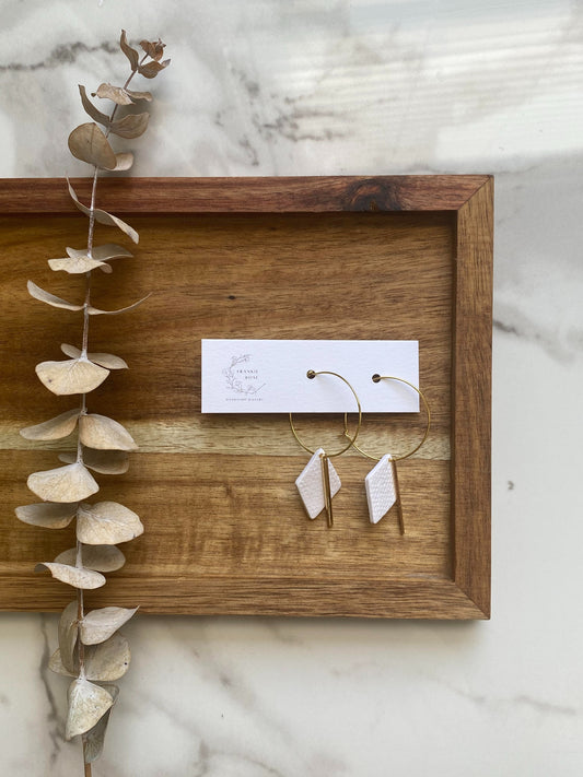 textured white diamond hoops | clay earrings